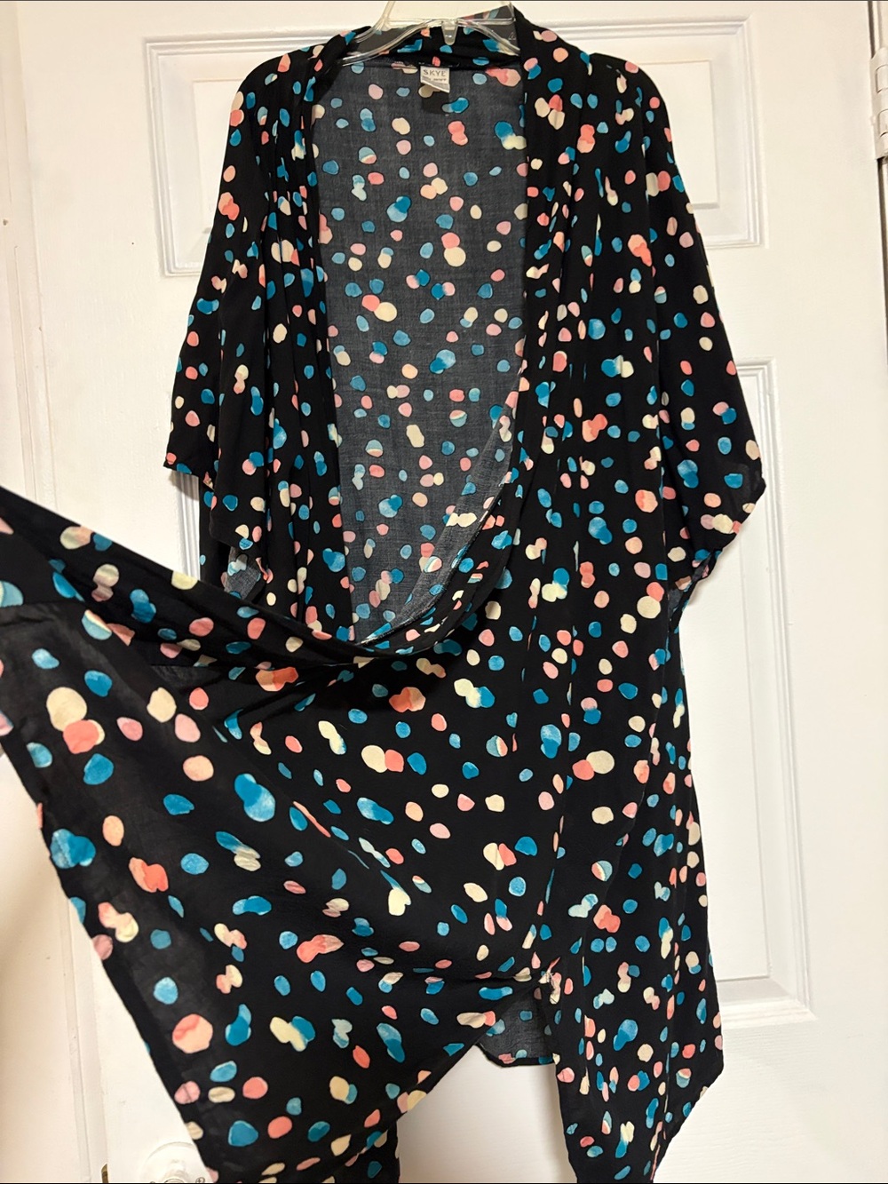 🌷Polka dots are in ! Skye Black Open-Front Kimono with Blue, Pink & Cream Dots🌷